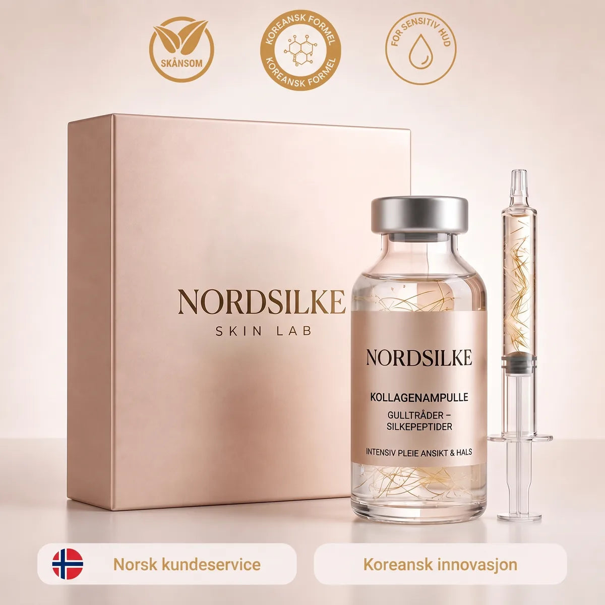 Nordsilke-esken med kollagenampulle og nålefri sprøyte